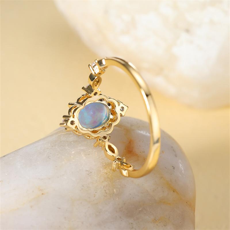 Oval Cut Mystic Blue White Fire Opal Rings For Women Gold Color Charm Rainbow Birthstone Wedding Bands Bridal Engagement Ring CZ