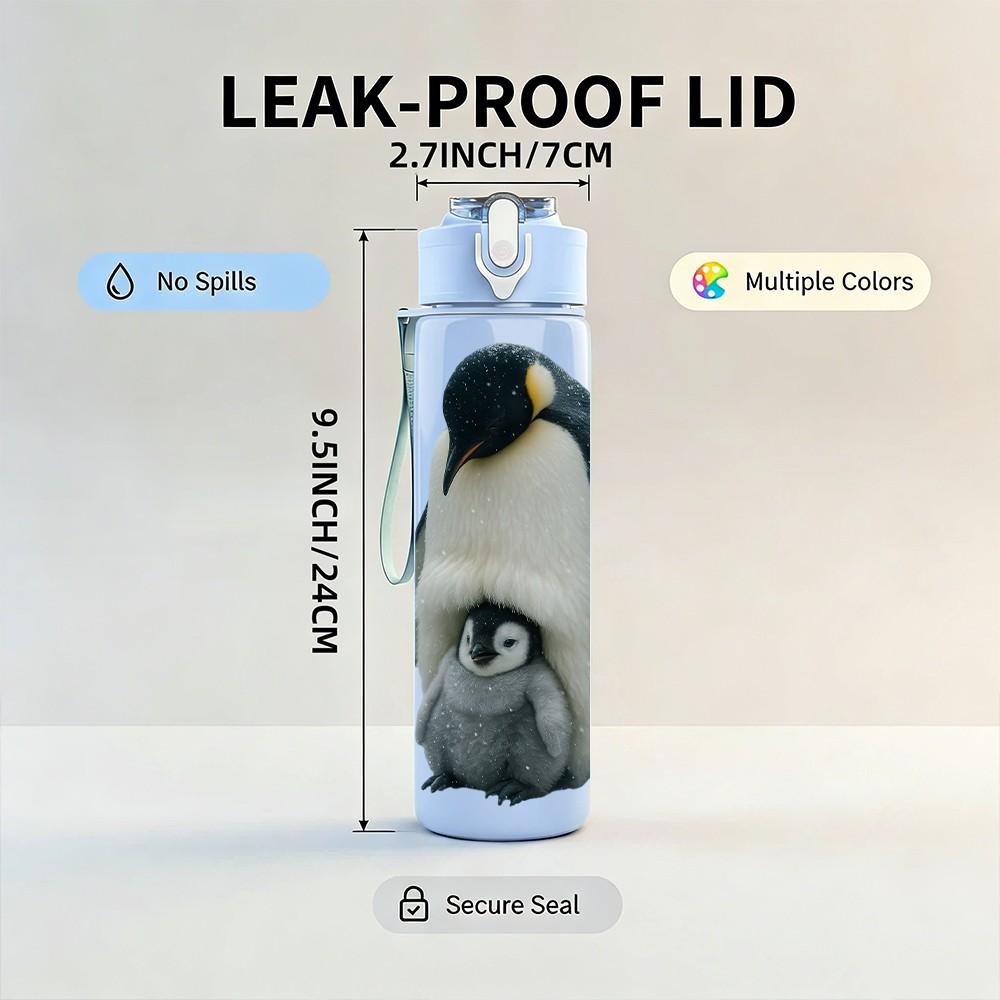 1PC Single Penguin Antarctic Animal Print 750ml Color Plastic Sports Water Bottle Leakproof Flip Straw Lid Suitable for Sports Office Home Use