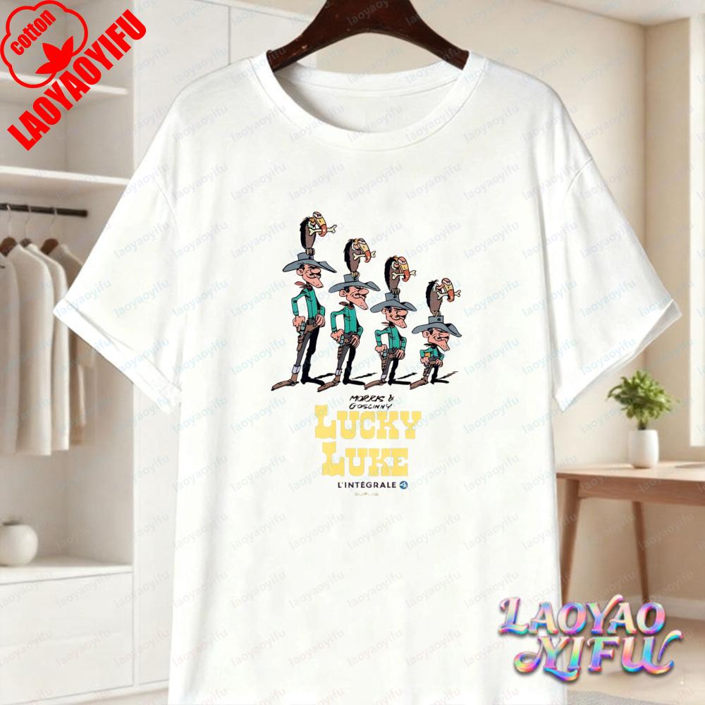 Lucky Luke Vollbesetzung Druck Lässige Oberteile Verspieltes West-Cartoon Baumwoll-T-Shirt Lustiges Vintage Klassisches Anime-Shirt Trend Unisex Kleidung