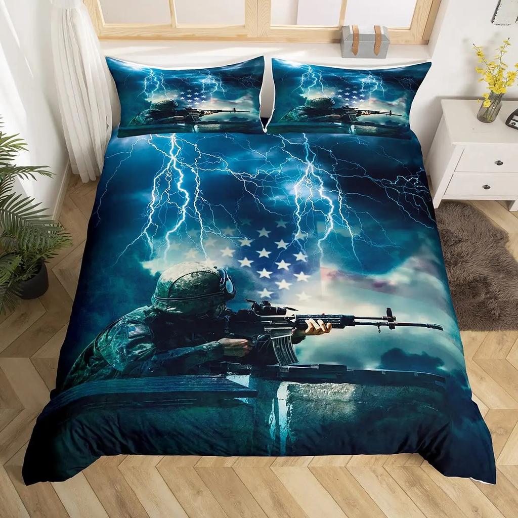 Boys Army Green Duvet Cover Set Full King Size,Classic Camouflage Bedding Set,USA Soldier Silhouette Comforter Cover Quilt Cover