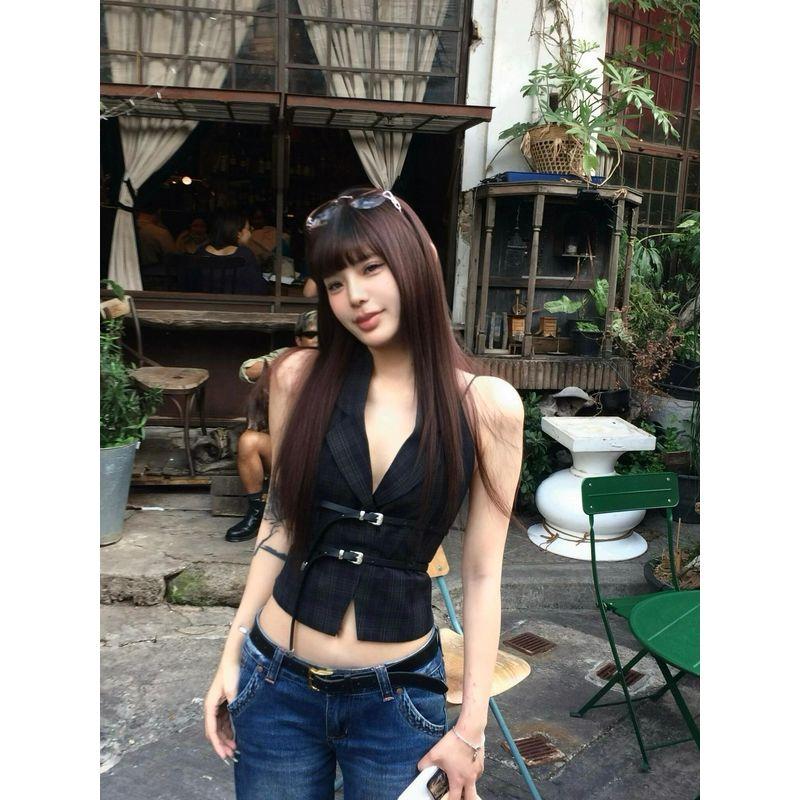 

Европейский и американский сексуальный сексуальный клетчатый жилет-халтер женская верхняя одежда 2025 весна и лето новое поступление чистое желание ветер открытая спина майки на бретелях Plaid S