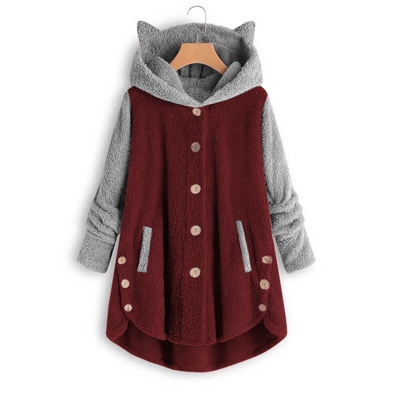 Autumn and Winter Button Hooded Cat's Ears (Steamed Cat-ear Shaped Bread) Plush Coat Irregular Color Matching Coat Women