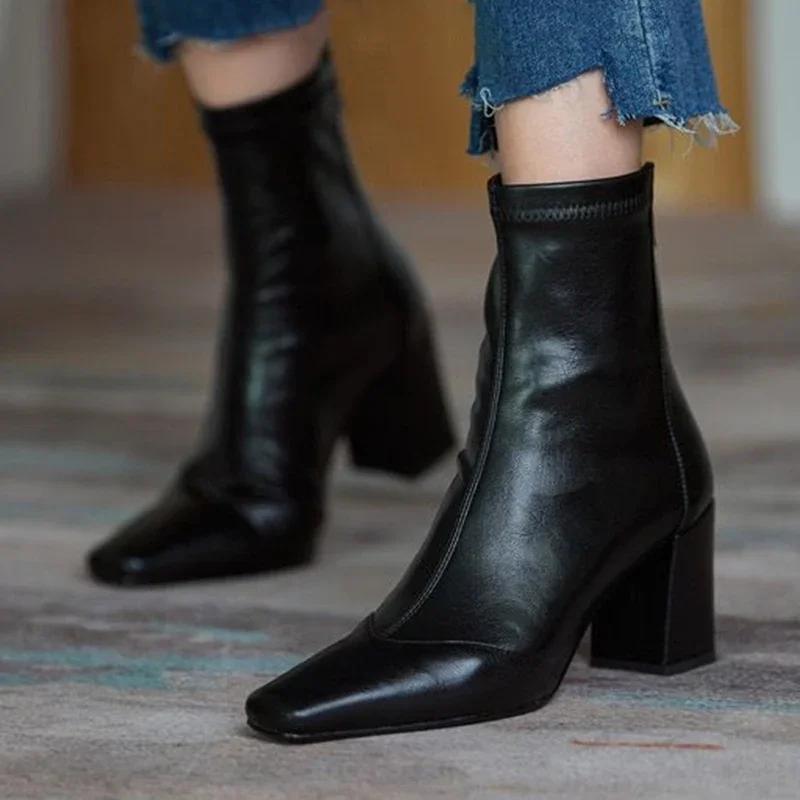 Fashion 2024 Vintage Square Toe High Heels Ankle Boots for Women Brown Pu Leather Zipper Short Boots Woman Autumn Thick Heel Booties