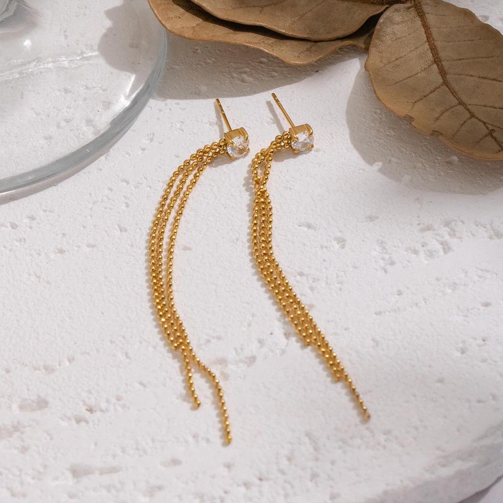 Xia Ling Zircon-Inlaid Chain Tassel Earrings In Stainless Steel