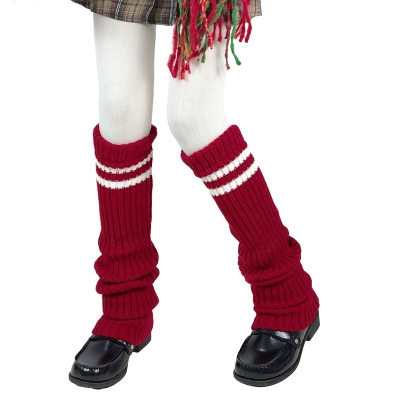 Women Thicken Ribbed Knit Leg Warmer Preppy Style Double Striped Leg Covers Snow Boot Cuffs Over Knee Stacked Long Socks