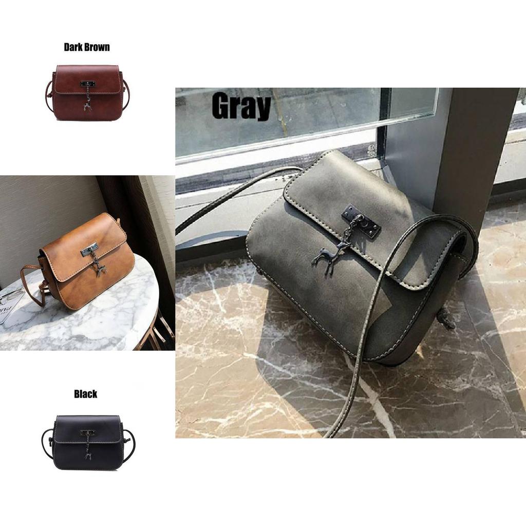 Retro Solid Color Deer Pendant Saddle Bag Crossbody Shoulder Bag Pu Square Bag