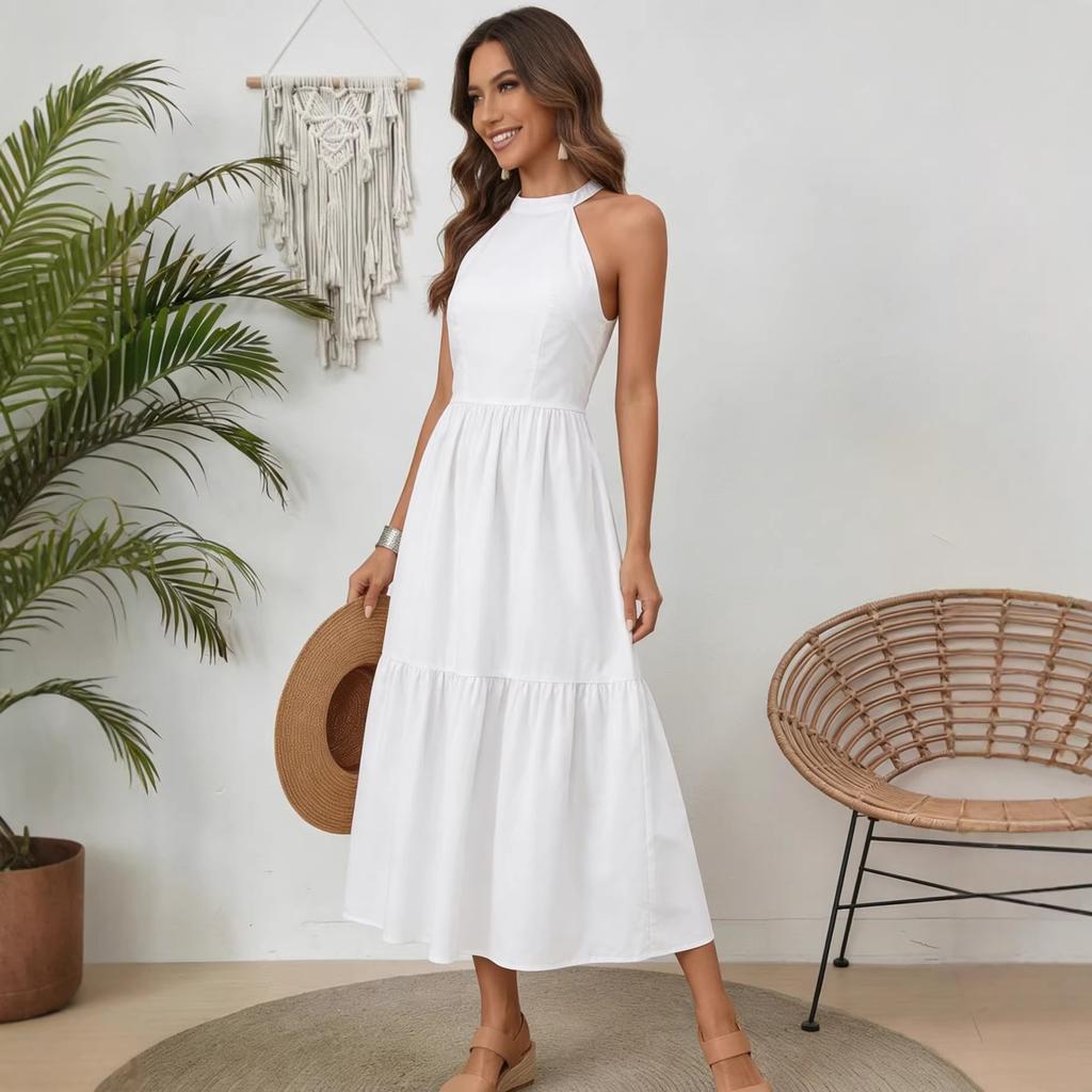 Summer neck sleeveless white cotton and linen dress for women with waist and thin pendulum A word medium and long holiday sand