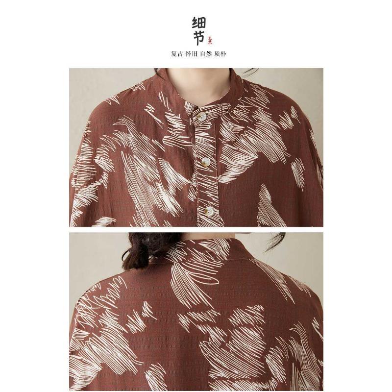 Temperament Literary Vintage Printed Stand Collar Loose Oversized Vacation Dresses