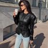 Winter Slim Fit Leather Jacket Women Round Neck Single Breasted Ruffle Hem Short Coat Sexy Style