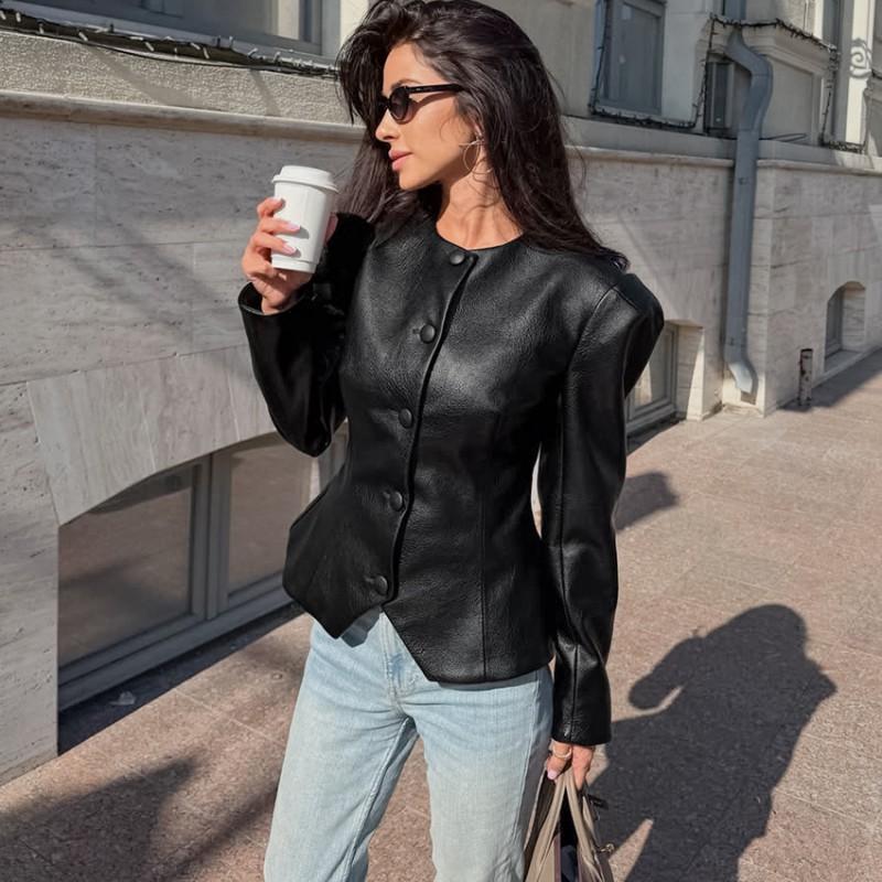 Winter Slim Fit Leather Jacket Women Round Neck Single Breasted Ruffle Hem Short Coat Sexy Style