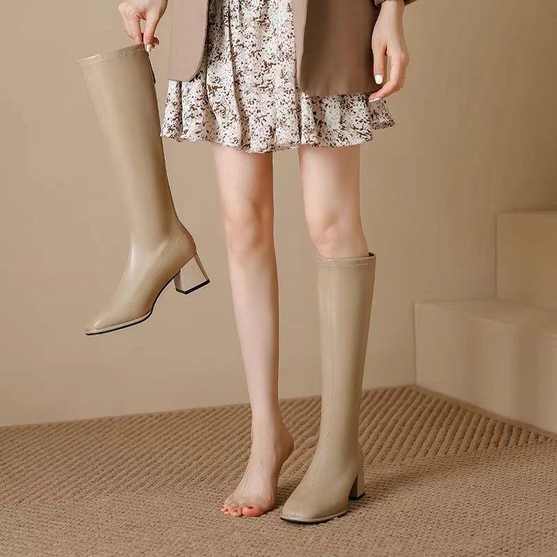 Fashion Spring Autumn Elegant Heeled Square Toe Leather Women's Long Boots Demi-season Gothic Trend 2025 Pu Ladies Knee High Shaft Shoes