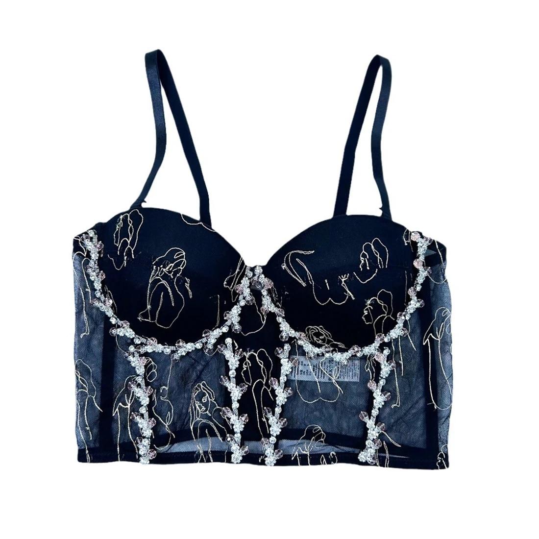 

Укороченный топ yushutiff, сетчатый корсет со стразами, бюстгальтер, топы для ночного клуба, бюстье Rave, женская одежда, летние вечерние жилеты без рукавов