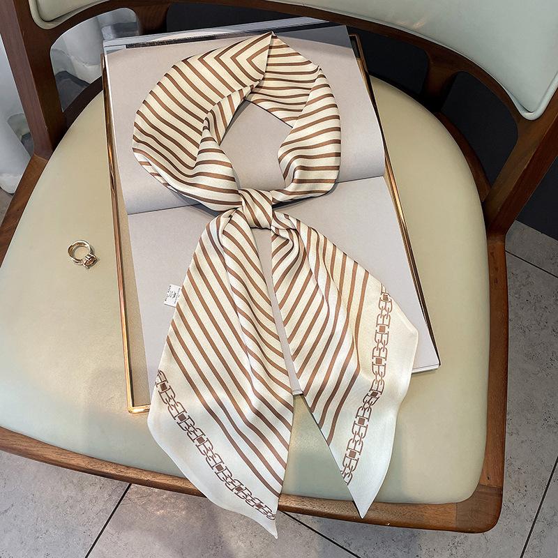 New Striped Printed Imitation Silk Fashion Early Autumn Decorative Small Scarf Winter Warm Scarf Headband Tie Pack