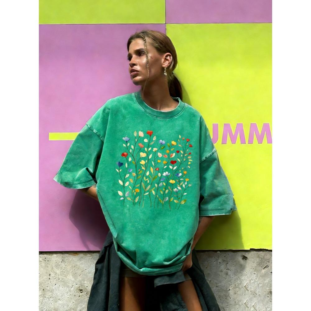 

Beautiful Watercolor Flowers Printed Washed T-Shirt Women Casual Cotton T Shirt Y2K Tops Summer Loose Streetwear S