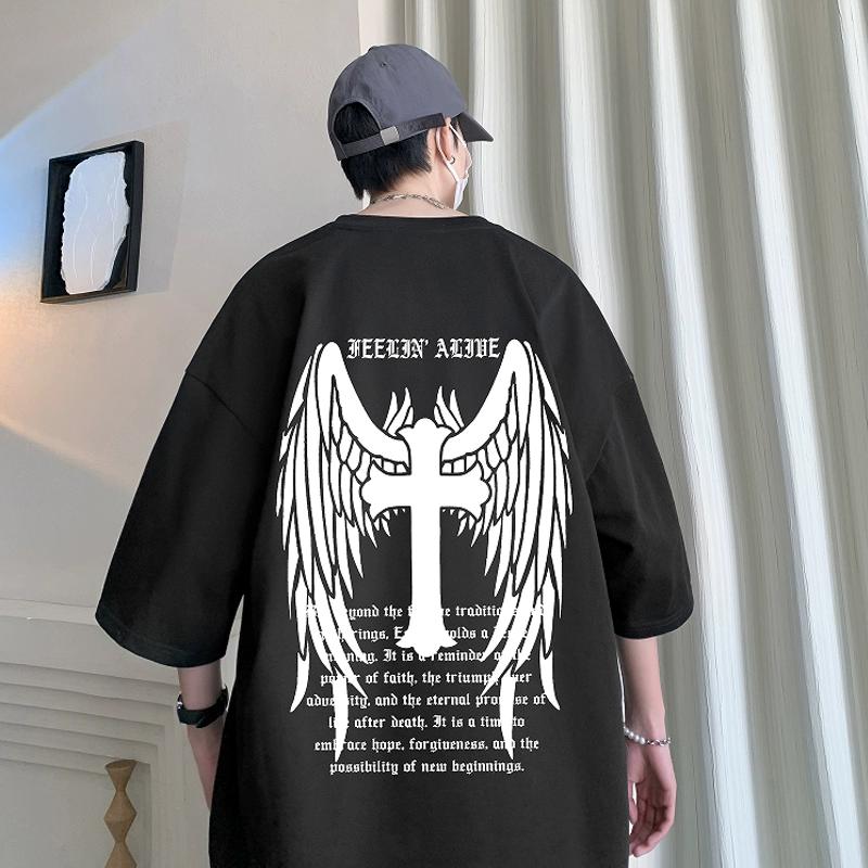 

Бавовняна чоловіча літня вільна футболка з круглим вирізом і короткими рукавами з хрестоподібним принтом Модний бренд Вулична мода Високоякісний топ M чорний