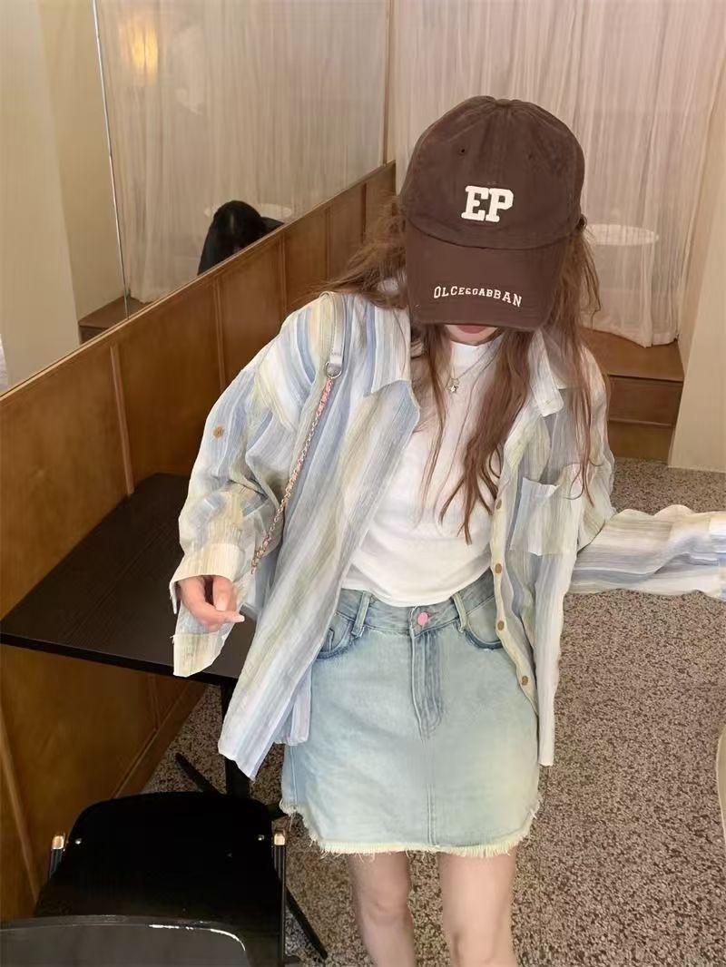 

Женская куртка в полоску в гонконгском стиле для защиты от солнца - Осенняя, свободного кроя, больших размеров, повседневный топ с длинным рукавом S