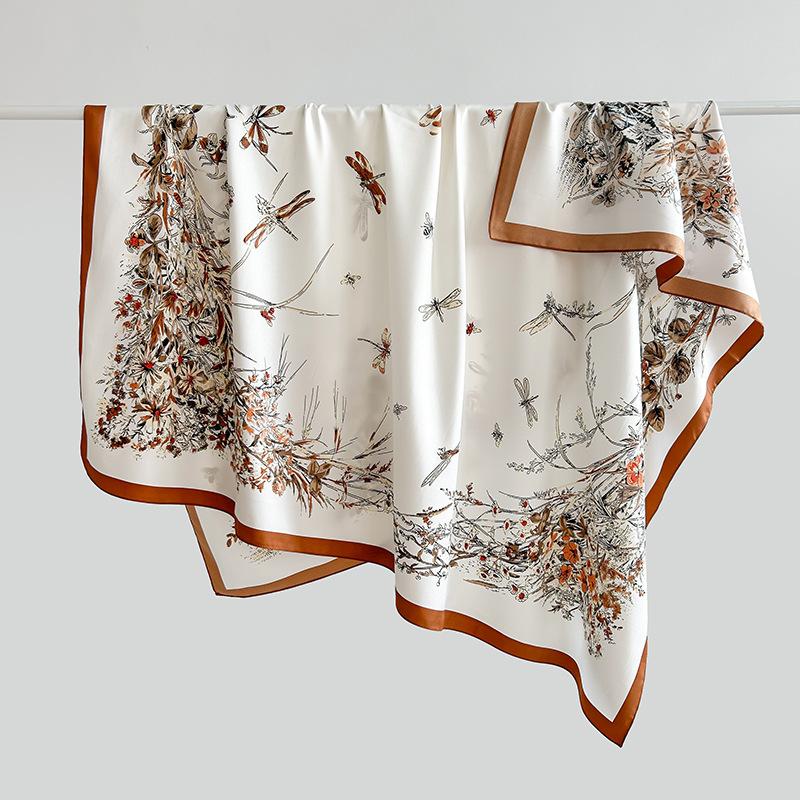 Simple and fashionable plant floral print square scarf, fresh and sophisticated, spring/autumn thin 111 twill silk scarf for women