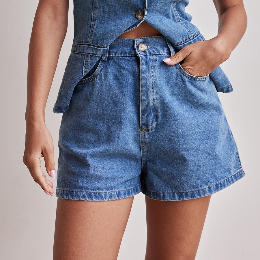 Sleeveless Denim Two-Piece Set for Women: Button Design High-Waisted Shorts, Trendy & Casual European-American Style 2026.