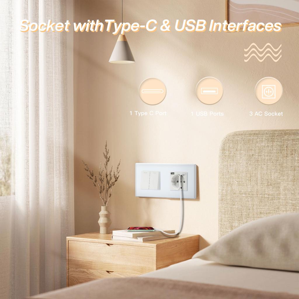 BSEED 1/2/3-fach Mechanische Taster Wandschalter Ein Aus Glas Stromschalter 2,1A Typ-C USB-Steckdose EU-Standard 1-Weg