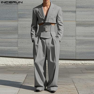 Two Pieces Outfits Ανδρικά μακρυμάνικα κοντό παλτό Ψηλόμεση μακριά ίσια παντελόνια