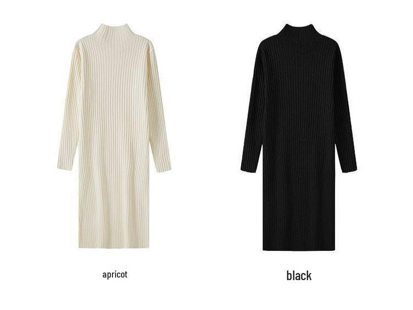 Women's Autumn & Winter Wool Knit Dress - Half-High Collar, Loose Long Sleeve, Mid-Length Base Layer Over the Knee.