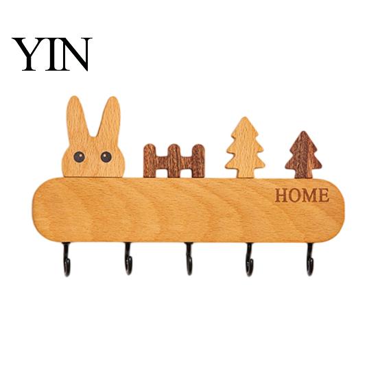 Adhesive Key Rack for Wall Wooden Holder with 5 Hooks, Cartoon House Theme Organizer, Multi Purpose Hanging Keys Pet Leashes And Hats Heavy Duty Screw