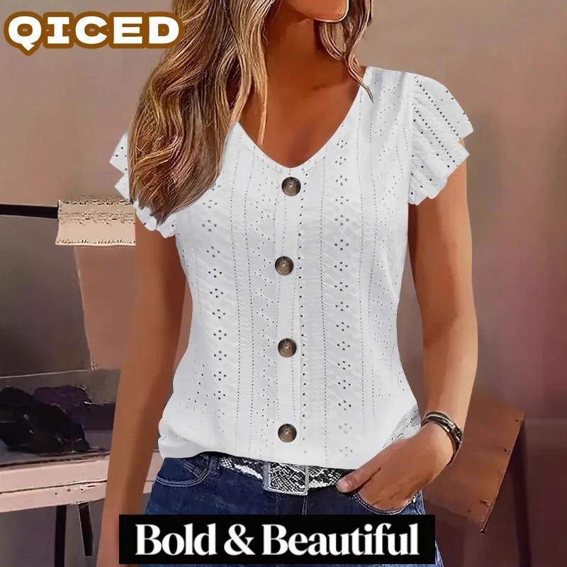 QICED Women's Fashion Casual Solid Color Print Short Sleeve V-Neck Blouses & Shirts