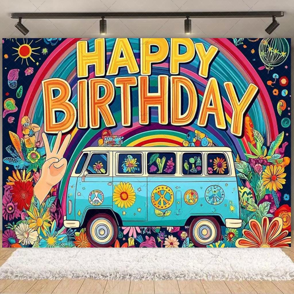 Stile Bohémien Colorato Hippie Bus Tema Sfondo per Compleanno Pace E Amore Decorazioni per Feste Stampa Tie Dye Sfondo in Vinile Regali