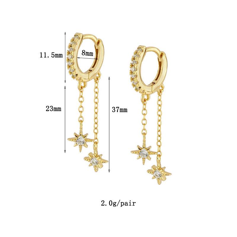 Star and Moon Chain Tassel Earrings with Hexagram Zircon Studs Set - Women's Dangle Earrings