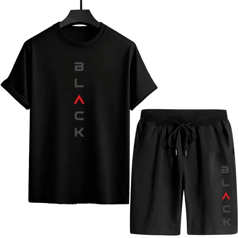 

Black Letter Print Mens Summer Tracksuit Two Piece Set Casual Sportswear Tee and Shorts Comfortable Outdoor Home Wear T-shirts L