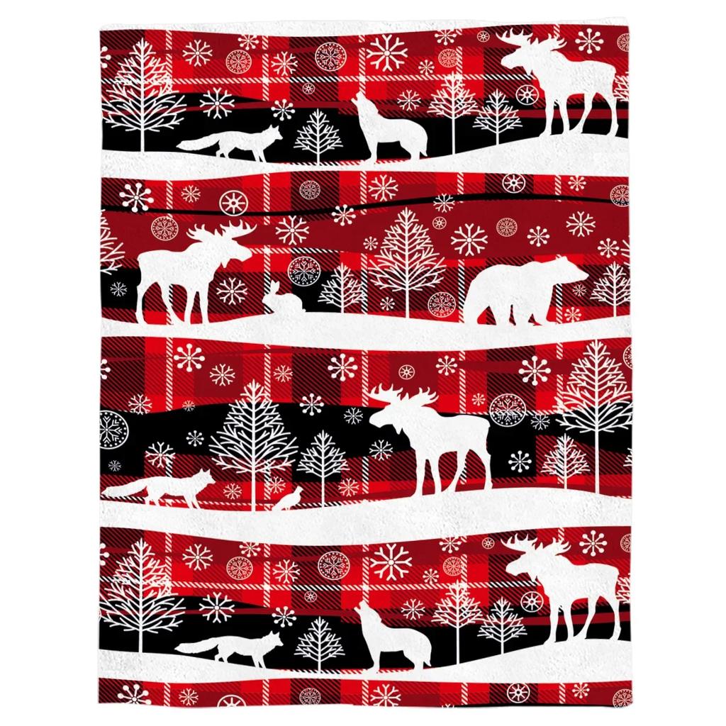 Christmas Winter Animals Checkered Buffalo Blankets Throw Cover Fleece Comfort Warm Room Couch Home Bedspread Blanket