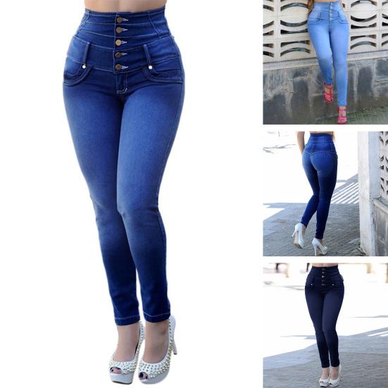 Women Jeans Solid Color Slim Fit Denim High Waist Summer Pants Female Clothes