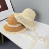 Women'S Wide Brim Lace Straw Hat Beach Hollow-Out Sun Cap For Seaside Vacation