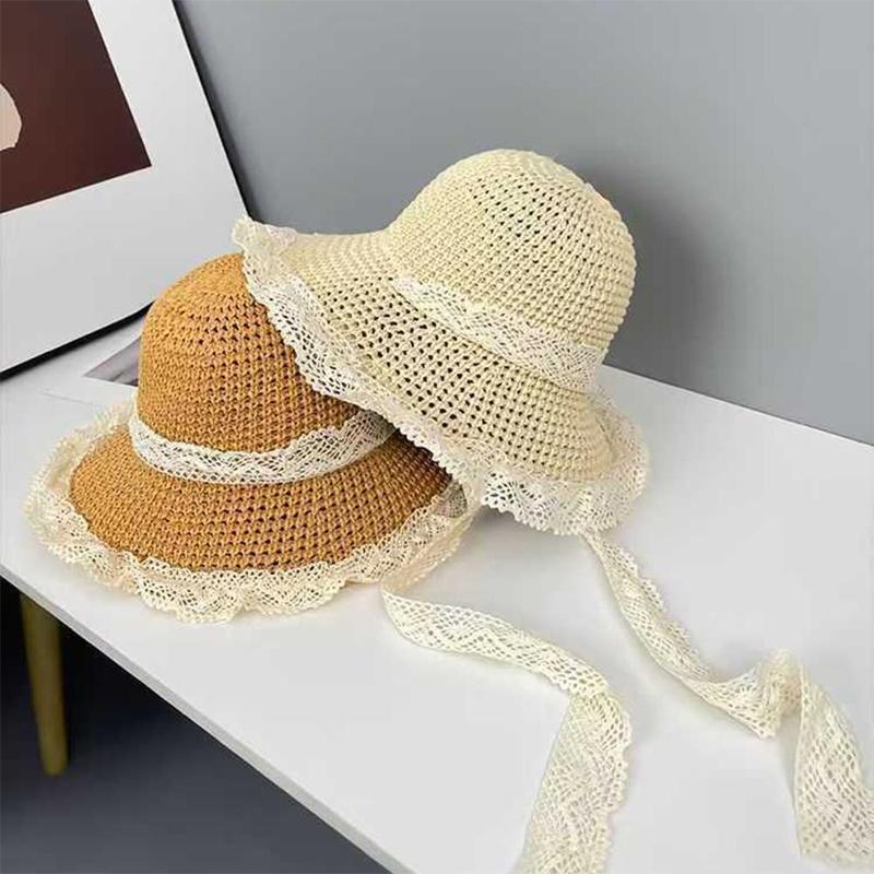 Women'S Wide Brim Lace Straw Hat Beach Hollow-Out Sun Cap For Seaside Vacation