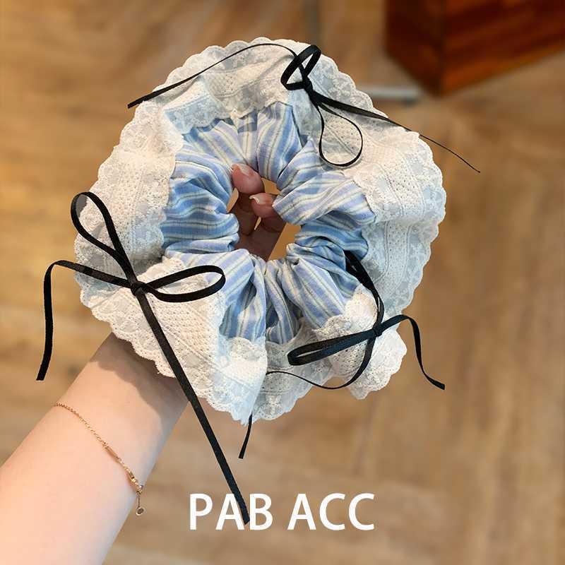 Exquisite Korean Color Block Embroidered Lace Edge Hair Tie with Ribbon Bow