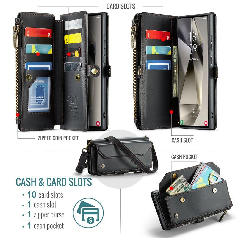 Custodia di Lusso in Pelle per Samsung S24 FE S23 Ultra S22 S21 Plus S20 S25 A16 A17 A57 A55 A35 A54 A34 S26 Tracolla con Cordino Portafoglio con Zip Slot per Carte Copertura