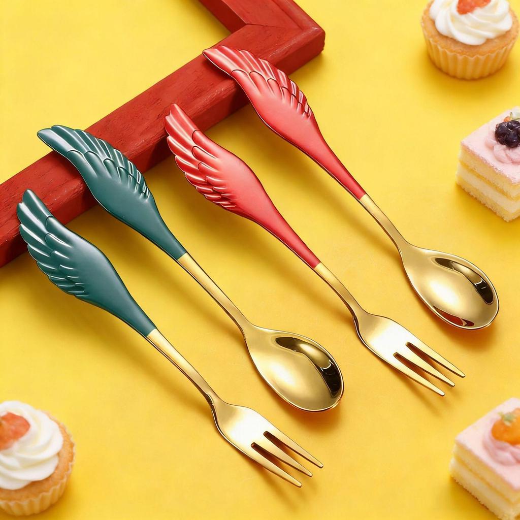 Creative 304 Stainless Steel Wing Spoon & Fork Set - 2-Piece for Dessert, Coffee & Hotels