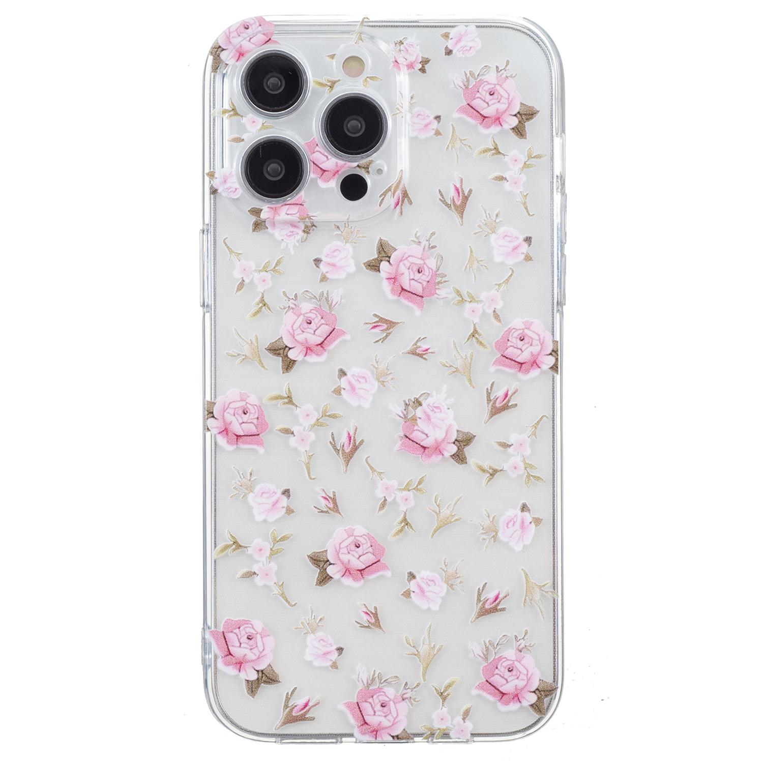 

For iPhone 16 Pro Case Transparent Edge TPU Phone Cover Pattern Printing Pink Flower