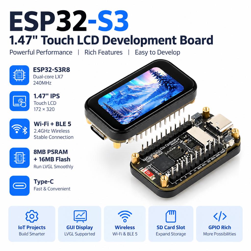 ESP32-S3 Development Board with Dual-Core LX7 240MHz Processor 1.47inch IPS Touch Screen Wi-Fi BLE5 Type-C Interface