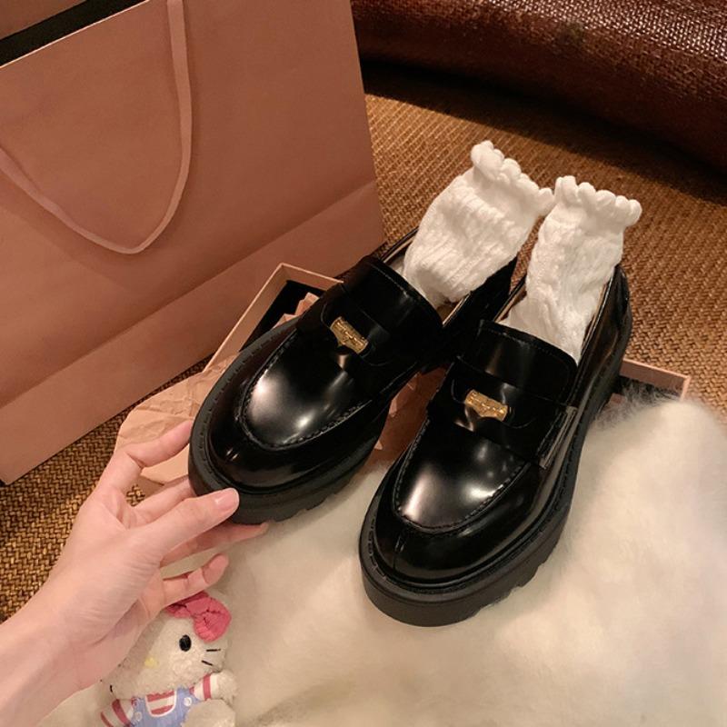 Sheepskin extravagant small gold coins round head small leather shoes thick heel thick sole single shoes one pedal genuine leather with skirt women