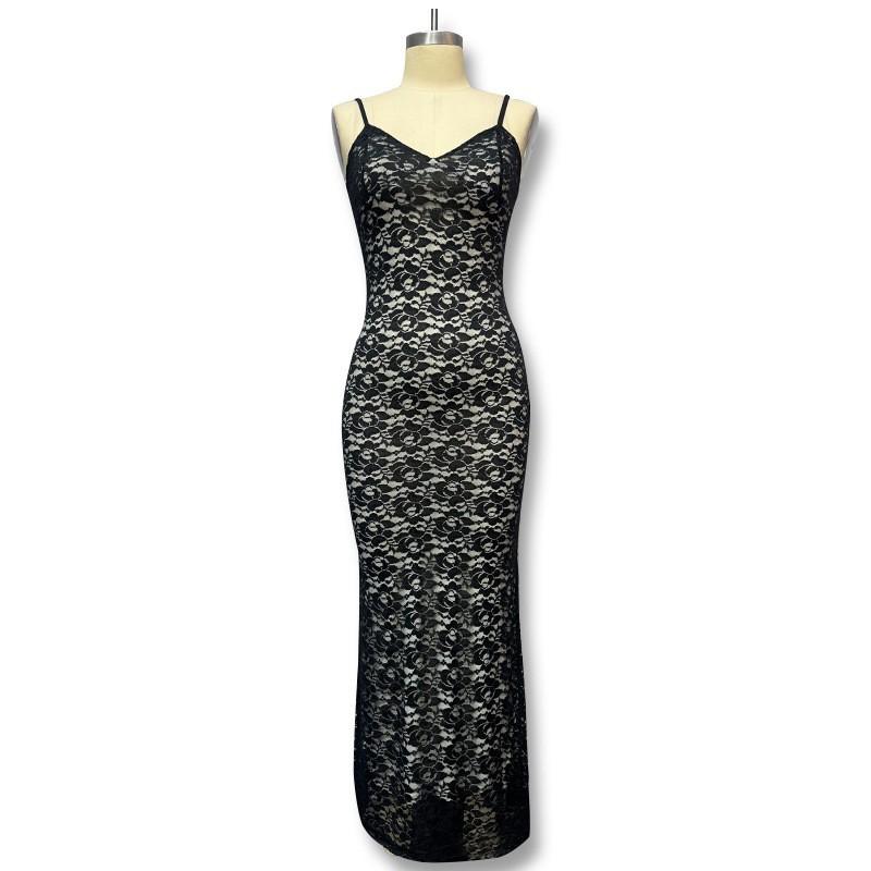 European and American women s clothing 2026 summer transparent long dress slim fit solid color sexy sleeveless suspender lace dress women S