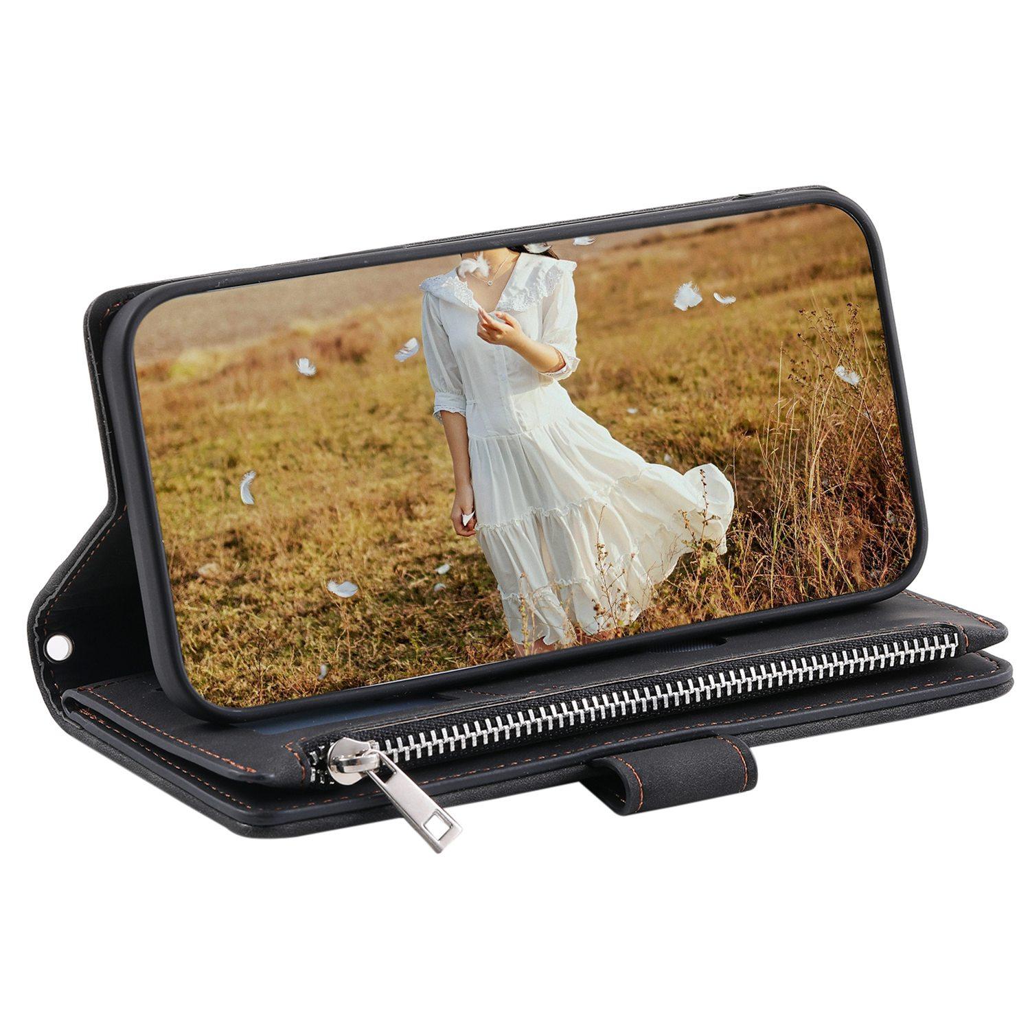 

For iPhone 13 Pro 6.1 inch 005 Wallet Design Folio Flip Magnetic Phone Cover Rhombus Grid Texture PU Leather Zipper Pocket Stand Case Black