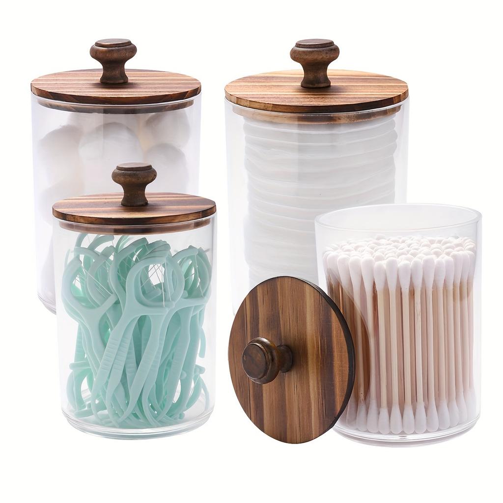2/4 Pack Holder - Restroom Bathroom Organizers and Storage Containers, Clear Plastic Apothecary Jars with Wood Lids