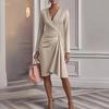 New Women's Long Sleeve V Neck Fitted Pencil Dress Fashionable Asymmetrical Hem Evening Dress Suitable for Cocktail Parties and Wedding Guest Attire
