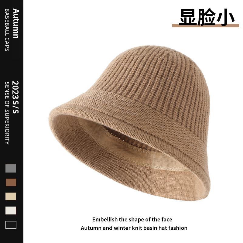 Women S Solid Knit Bucket Hat Korean Style Versatile Face Slimming Winter Hat
