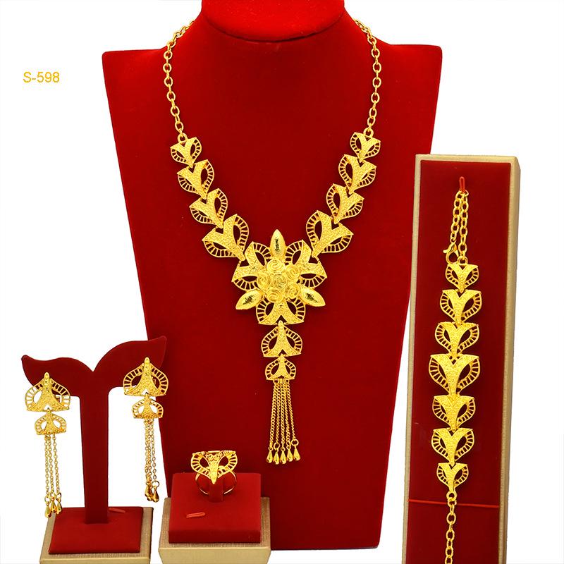 Dubai Wedding Jewelry Set: Ethnic Brass Gold-Plated Necklace, Earrings, Ring, and Bracelet.