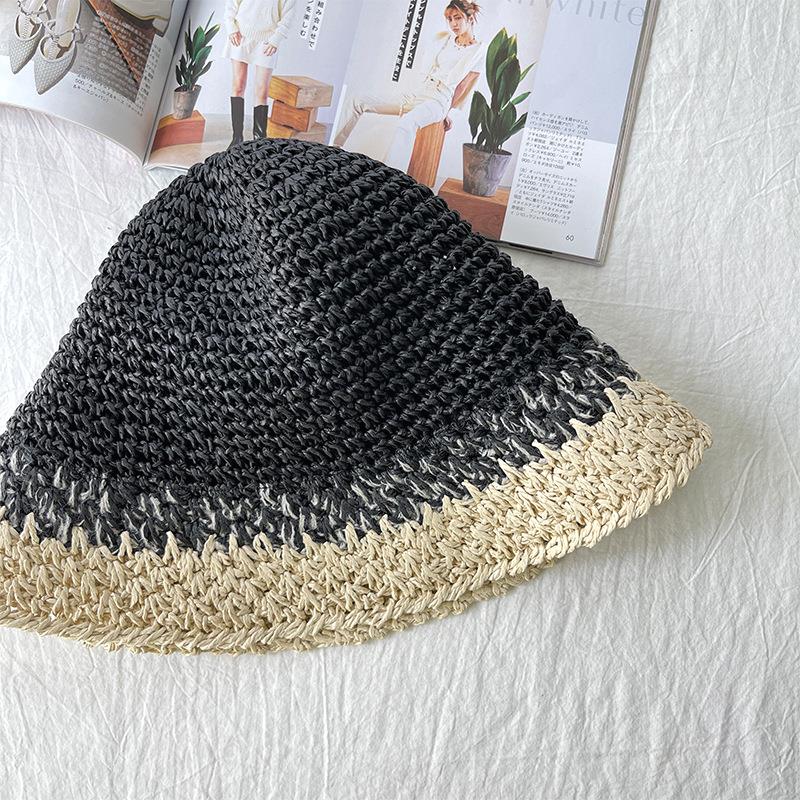 

Summer Sunshade Hat Straw Woven Handmade Crochet Bucket Straw Hat Color Contrast Female Beach Patchwork Fisherman Hat 55-58(adult size) чорний