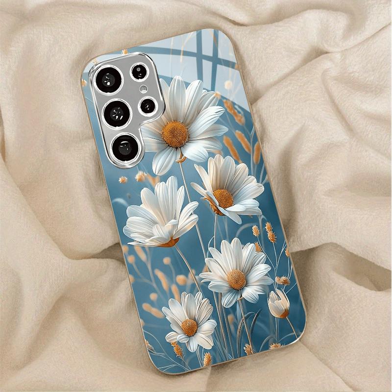 Gold-plated tempered glass phone case  compatible Galaxy S26 S25 S24 S23 S22 Ultra Plus. Features a white daisy design.