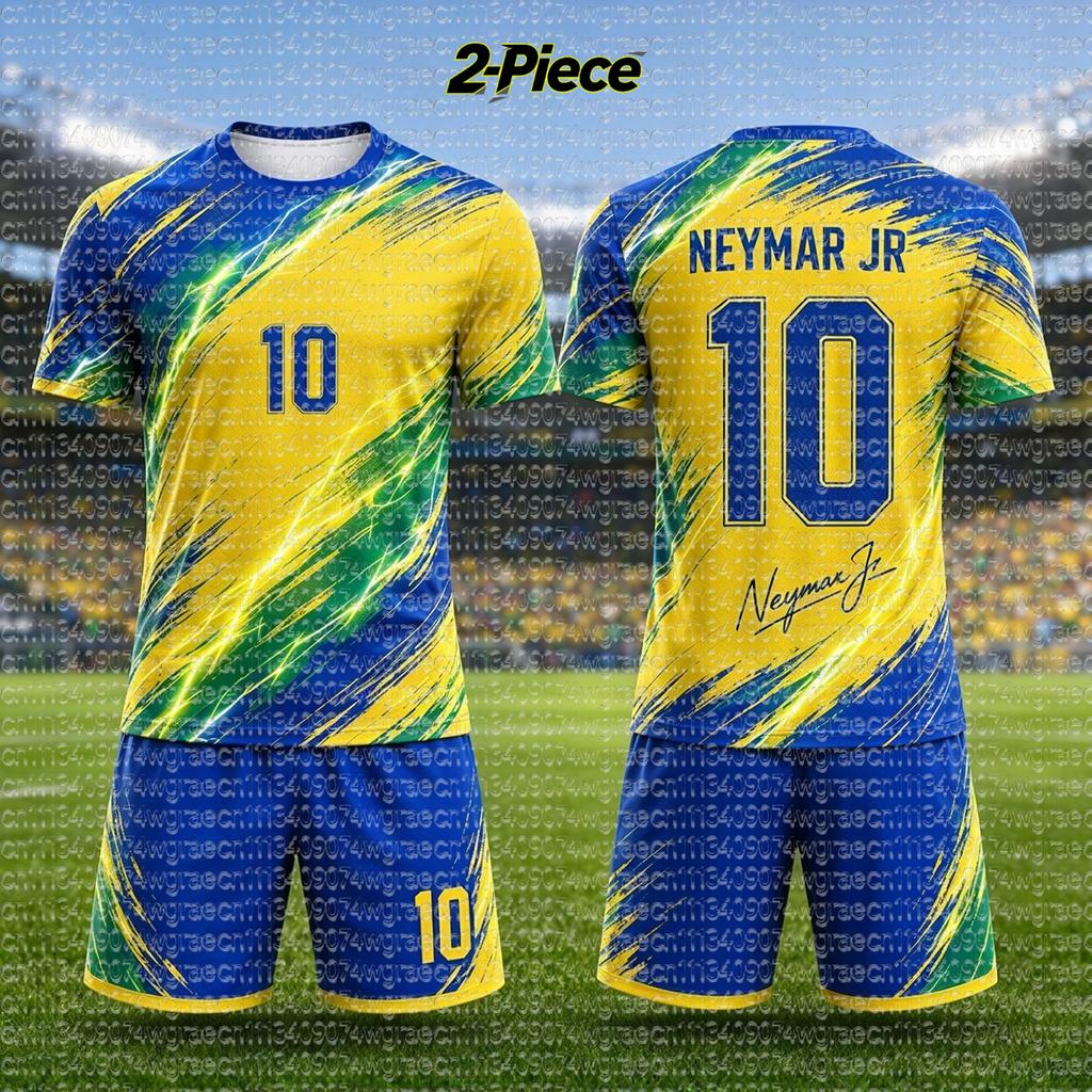 2026 Brazílie Neymar #10 Fotbalový dres Set, Fotbalové tričko Pánské Dámské Dětské, Samostatný top k dispozici, Fanouškovské tričko Šortky 2dílná tepláková souprava