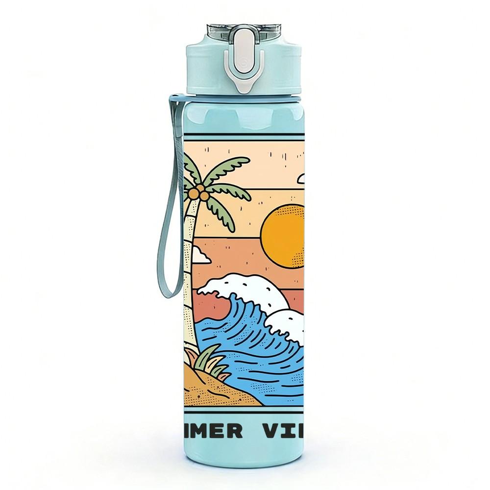 1PC Summer Sunset Beach Wave Vintage Poster 750ml Color Plastic Sports Water Bottle Leakproof Flip Straw Lid Suitable for Sports Office Home Use